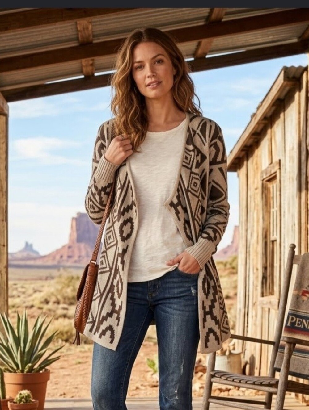 Faded Glory Womens Open Front Cardigan Sweater S (4/6) Aztec Print Flyaway Brown
